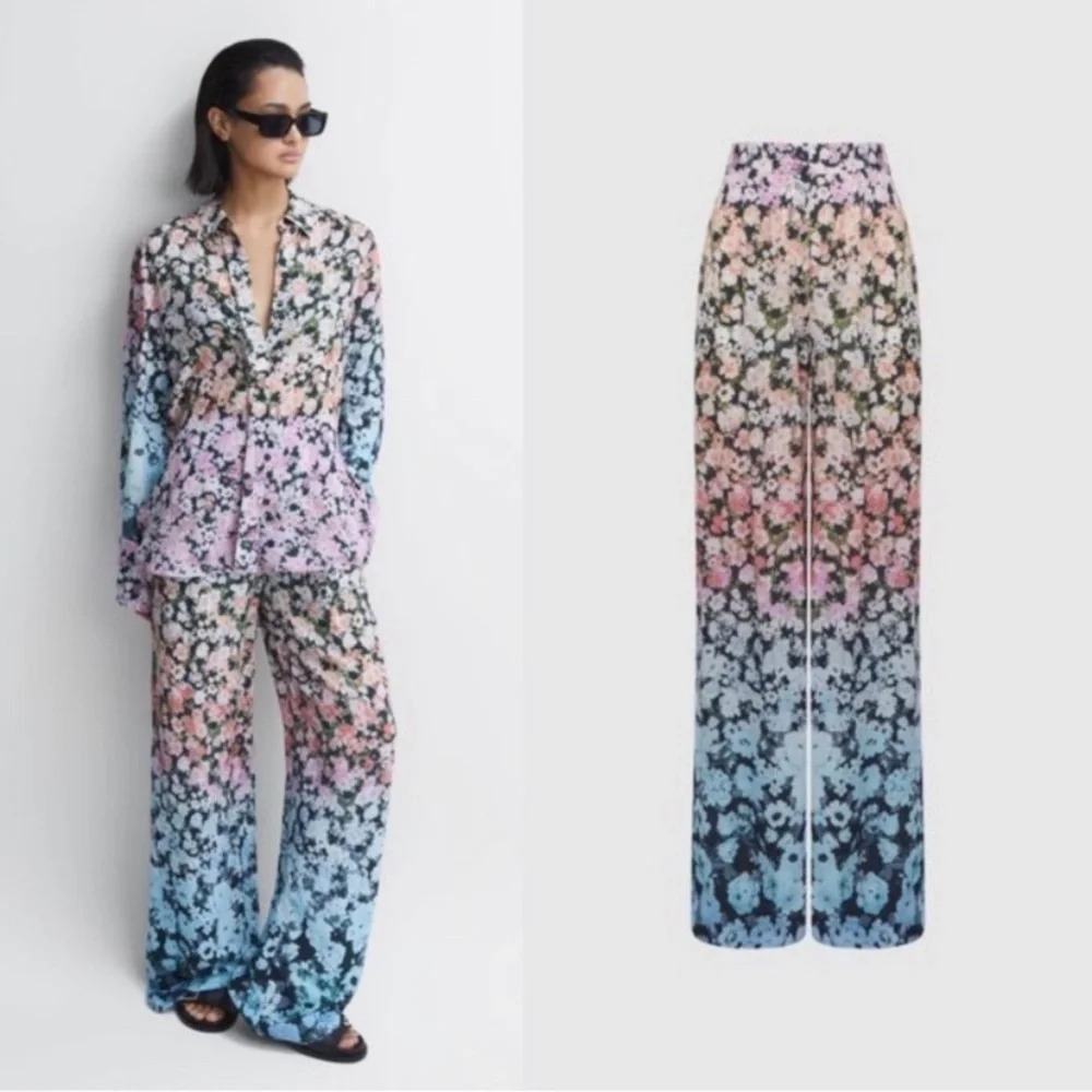Reiss Floral Ombre Wide Leg Pants in Pink, Blue, Black